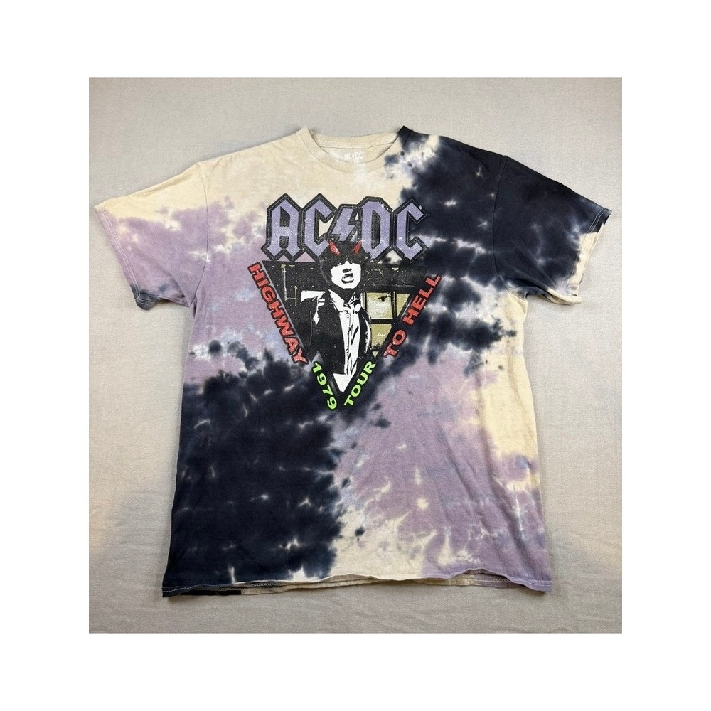 AC/DC Highway to Hell 1979 Tour Tie Dye Graphic T-Shirt Mens Large Purple Black